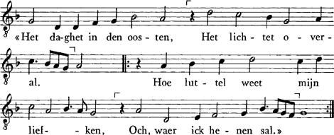 76 34 Het daghet inden oosten Een oudt liedeken AL LXXIII melodie tekst + Een oudt liedeken + fol.43r 1. Het daghet inden oosten, Het lichtet overal.