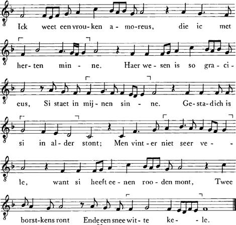 122 55 Ick weet een vrouken amoreus Een nyeu liedeken AL CIV melodie tekst + Een nyeu liedeken + fol.58v 1. Ick weet een vrouken amoreus, die ic met herten minne.