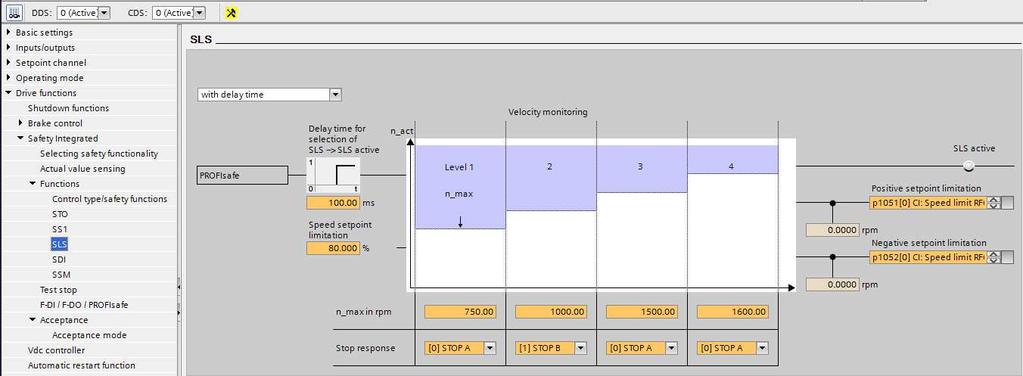 In SLS with delay time is alleen nog aditioneel een vertraging tijd in te geven in Delay time for selection SLS -> SLS active bij de pijl. In SDI zijn de bovenstaande instellingen te maken.