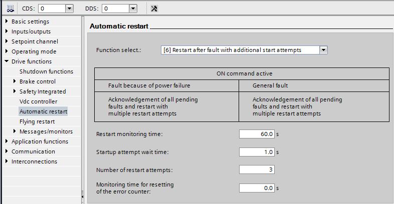 4.3.5.5 Para. Funct. View Drive functions Automatic restart In Automatic restart geeft je de functie vrij dat bij een fout dat de aandrijving weer gaat opstarten.