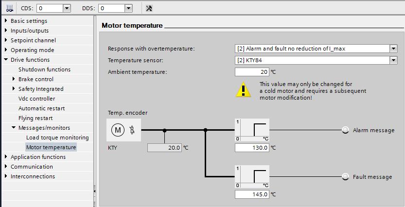 In Motor temperature geef je de temperatuur bewaking vrij via de temperatuursensor in de motor, voor dit voorbeeld is KTY84 gekozen.