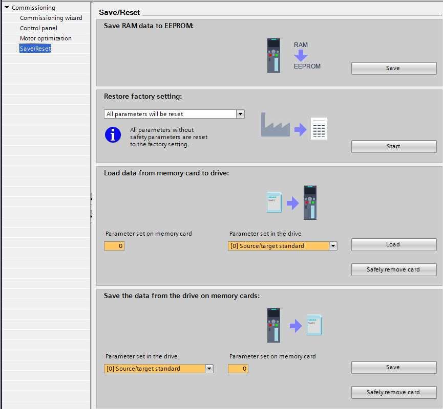 5.4 Commissioning - Commissioning - Save/Reset Bij Save/Reset kan je alle gemaakte instellingen opslaan of resetten.