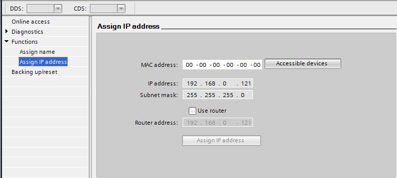 6.3.2 Online & diagnostics Functions Assign IP address In Assign IP address kan je de in het TIA project gebruikte IP