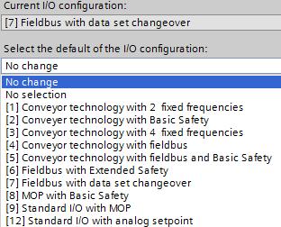 9 Macro s van de I/O configuration van de Sinamics G120 CU240E-2 Het menu Parameter Wizard staat Select the default setting of the I/O configuration in het tweede Window van de verkorte inbedrijfname