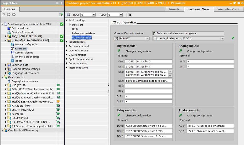 Bij Parameter Functional View I/O configuration heeft u het onderstaande overzicht van alle gemaakte instellingen.