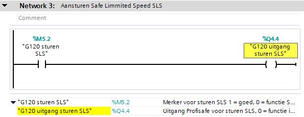 4 de aansturing van Safe Limited Speed in het Safety slot van de G120 Voor SLS kan het zo zijn dat het niet gewenst is dat elke keer als SLS word