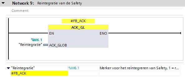 Netwerk 9 is het netwerk van het reintegreren van de Safety. M6.1 = merker voor het Reintegreren van de Safety.