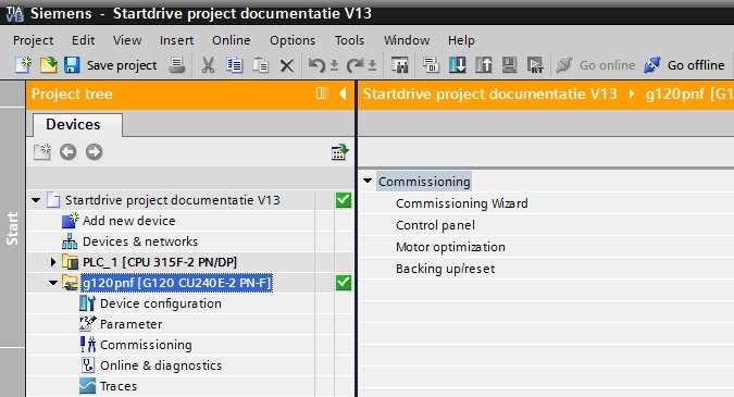 Online gaan met de g120pnf(g120 CU240E-2 PN-F) Door de g120pnf[g120 CU240E-2 PN F] aan te kiezen in de Project tree ben je in staat aan de bovenzijde met de button Go online bij de pijl online te