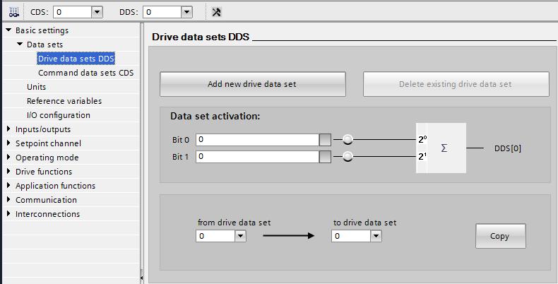 4.3.1.1 Para. Funct. View Basic settings Data sets Via Drive data sets DDS is het mogelijk een Sinamics G120 voor 4 verschillende motoren te gebruiken. Elke Drive data set is dan voor een motor.