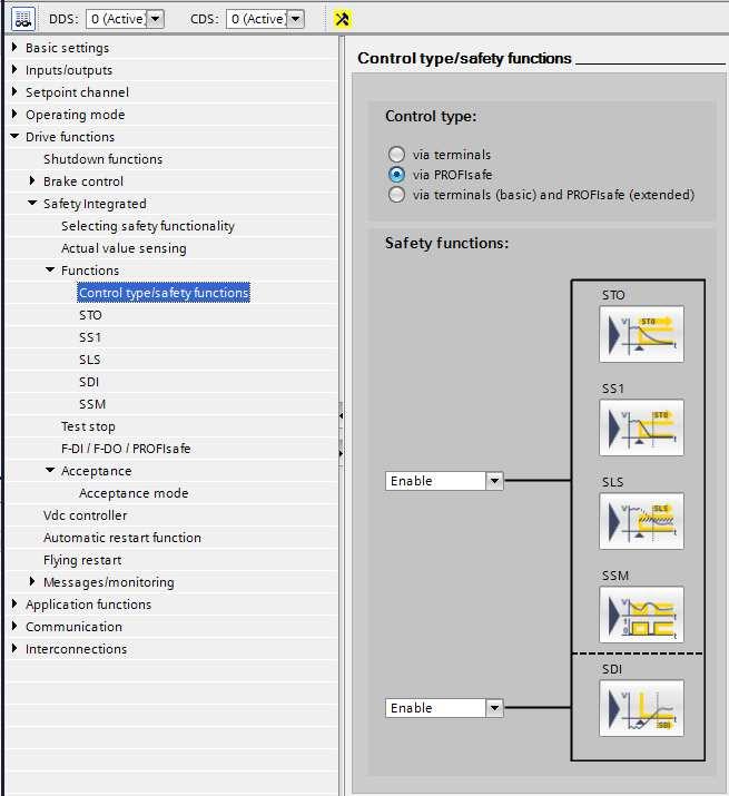 In Control type / safety functions stel je in waar vandaan de Safety functie word bedient. Voor deze beschrijving nemen we via PROFIsafe.