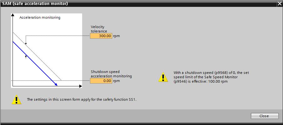 In SS1 with SAM / delay time Safe Stop 1 met Safe Acceleration monitoring zijn de bovenstaande instellingen te maken.