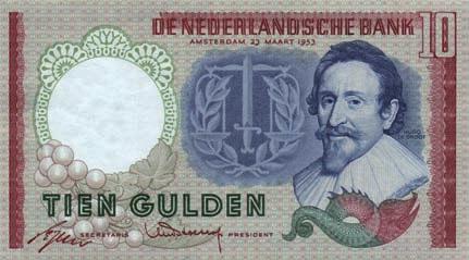 voorzijde in het zwart nummer 158 - PR 500 6994 6995 6991 10 Gulden 1953 Hugo de Groot (Mev. 48-1aa
