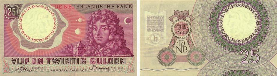 7101 7101 25 Gulden 1955 Huygens (Mev. 83 / AV 55) - MISDRUK - Serienummers op keerzijde ontbreken - ZF - zeer zeldzaam 150 7102 7102 25 Gulden 1955 Huygens met een kort serienummer (Mev.