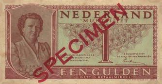 06-1 / AV 6.1) - PR / zonder serienummers en met restanten van zwarte streep 25 6844 6845 6847 6844 1 Gulden 1949 Muntbiljet (Mev.