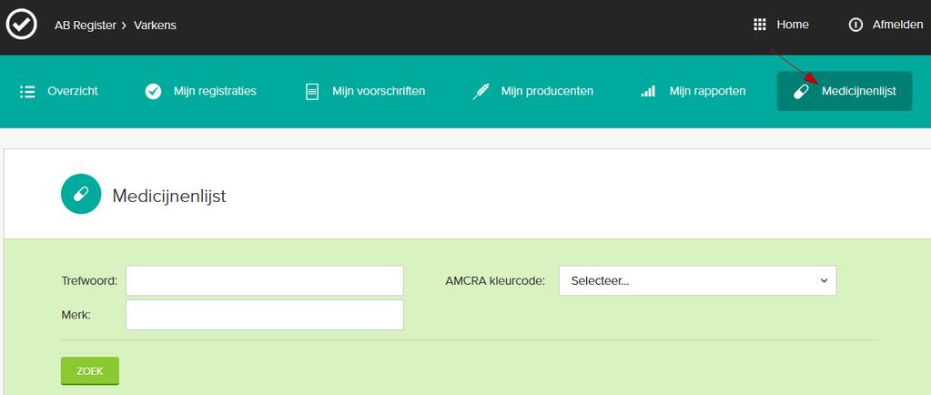 58 3.8 Medicijnlijst Via de tab Medicijnlijst kunt u alle medicijnen raadplegen die