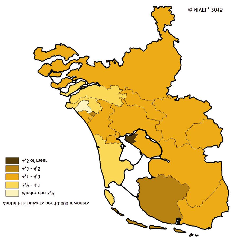 Figuur 3 Huisartsendichtheid (aantal fte huisartsen per 10.000 inwoners) naar ROS-regio 1, op 1 januari 2014 1 Regio s in het kader van de regionale ondersteuningsstructuur.