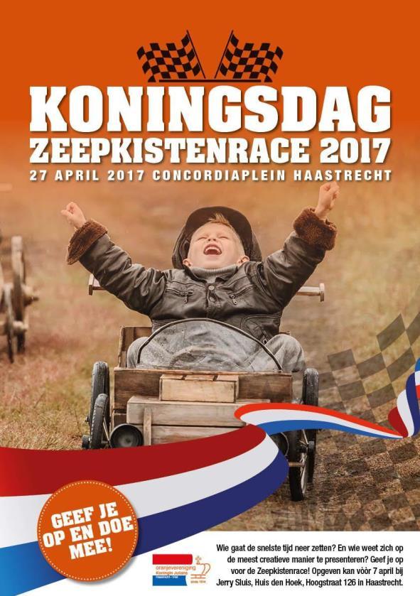 Zeepkistenrace koningsdag 2017! Wie gaat de snelste tijd neerzetten en wie weet zich op de meest creatieve manier te presenteren?? Heb jij je al opgegeven voor het spektakel tijdens koningsdag?