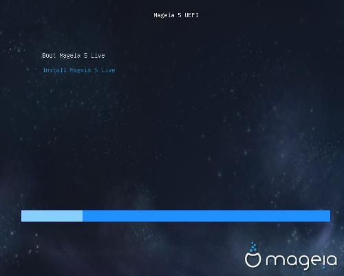 2.3. In UEFI-modus Eerste scherm tijdens het opstarten op een UEFI-systeem vanaf een schijf Je hebt alleen de keuze om Mageia in live-modus (eerste keuze) te draaien of om het installatieproces te