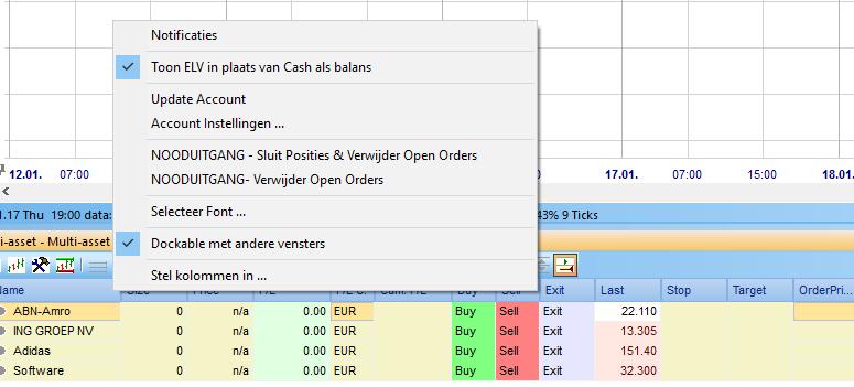 Hier kan u instellen of u het cash bedrag van uw rekening wenst te zien of de Equity with Loan Value.