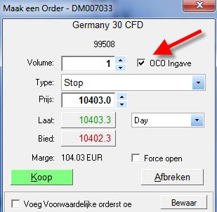 Een positie openen met OCO-orders Met de NanoTrader kunt u een order met OCO-ingave markeren ( OCO betekent: One Cancels the Other).