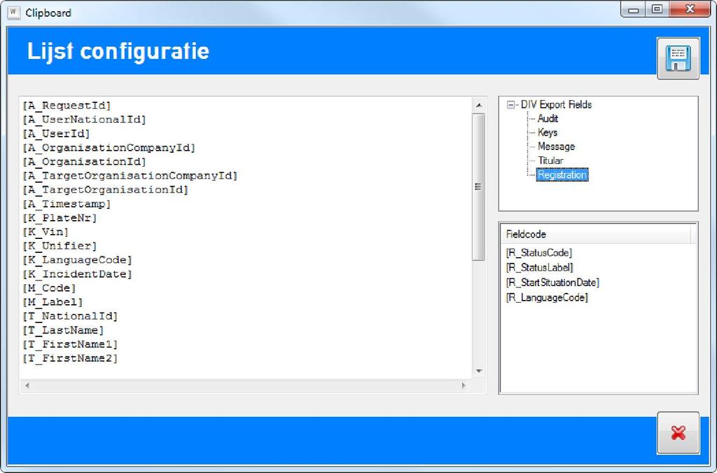 Knop: Clipboard - data export voor DIV-Bulk ( lijst ) DIV-Bulk maakt gebruik van dit sjabloon om data te exporteren. Via deze interface kan je bepalen welke gegevens u wil exporteren.