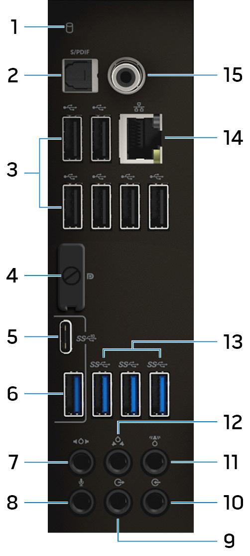 Achterpaneel 1 Activiteitslampje vaste schijf Dit lampje gaat branden wanneer de computer gegevens leest of deze naar de harde schijf schrijft.