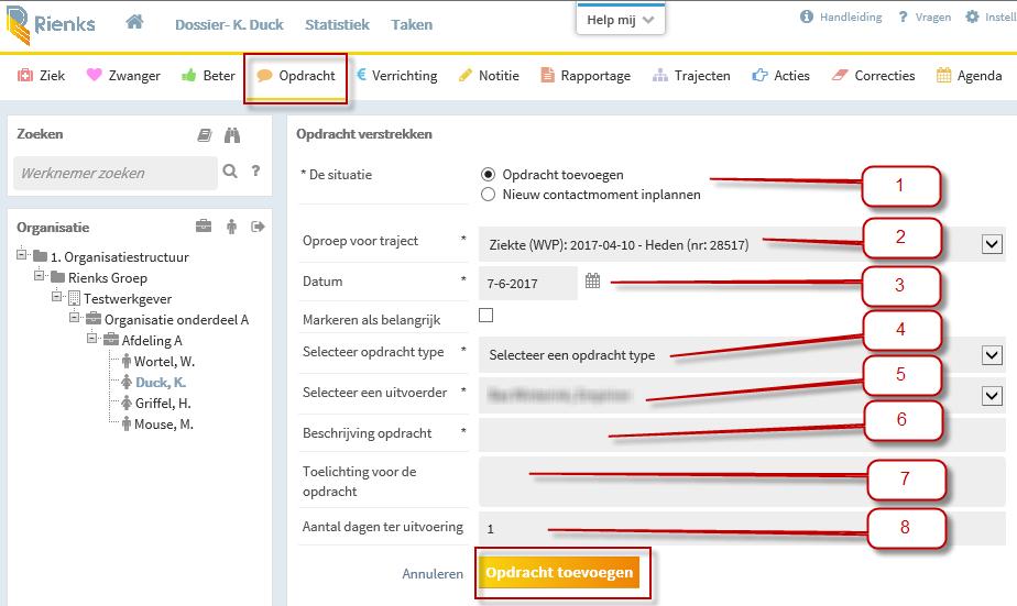 1: De keuze tussen een ad-hoc contactmoment registreren, of een opdracht (taak) aanmaken 2: Hierin kan worden aangegeven op welk traject deze opdracht betrekking heeft 3: De beoogde uitvoeringsdatum