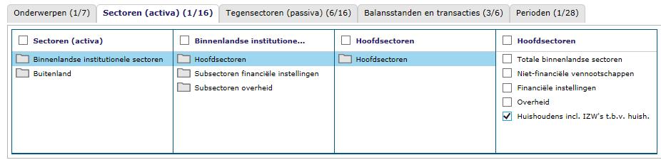 Voorbeeld 1: we willen weten hoeveel geld Nederlandse huishoudens op buitenlandse bankrekeningen en deposito s hebben staan Selecteer bij de onderwerpen de Spaartegoeden en deposito s.