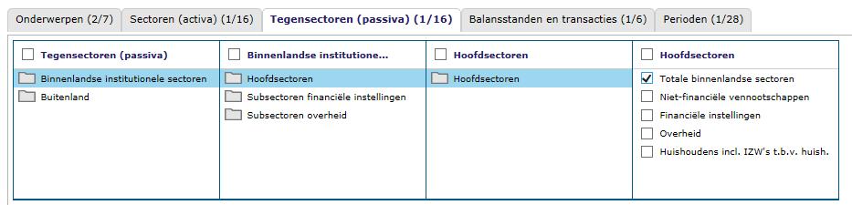 Bij de tegensectoren selecteren we het totaal van de binnenlandse sectoren en het