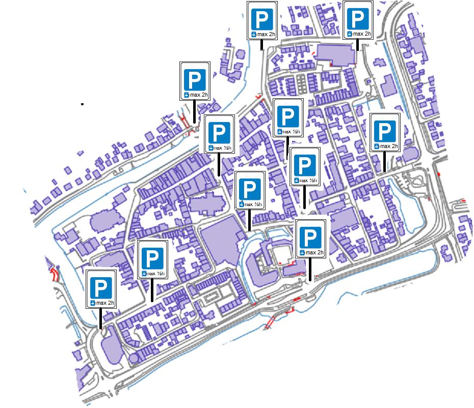 Situatietekening behorende bij het verkeersbesluit Parkeerschijfzone binnenstad Montfoort (nr. 13-18648). De borden E10zb2h (parkeerschijfzone 2 uur) worden geplaatst op: 1.