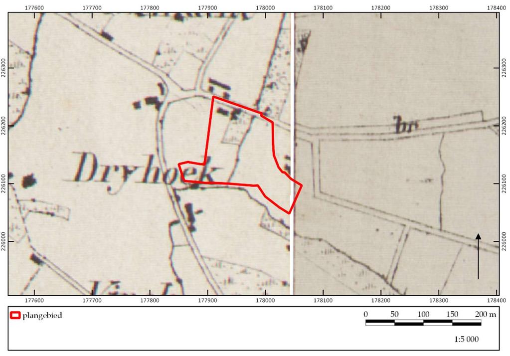 Figuur 10. Uitsnede uit de Vandermaelenkaart (1846-1854) met aanduiding van het plangebied.