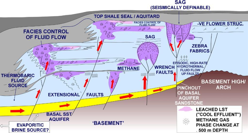 5 Vorming van secondaire permeabiliteit ('leached lst') als gevolg van droogvallen (meteorische karst) of breukwerking (hydrothermale karst) in het Devoon van West- Canada.