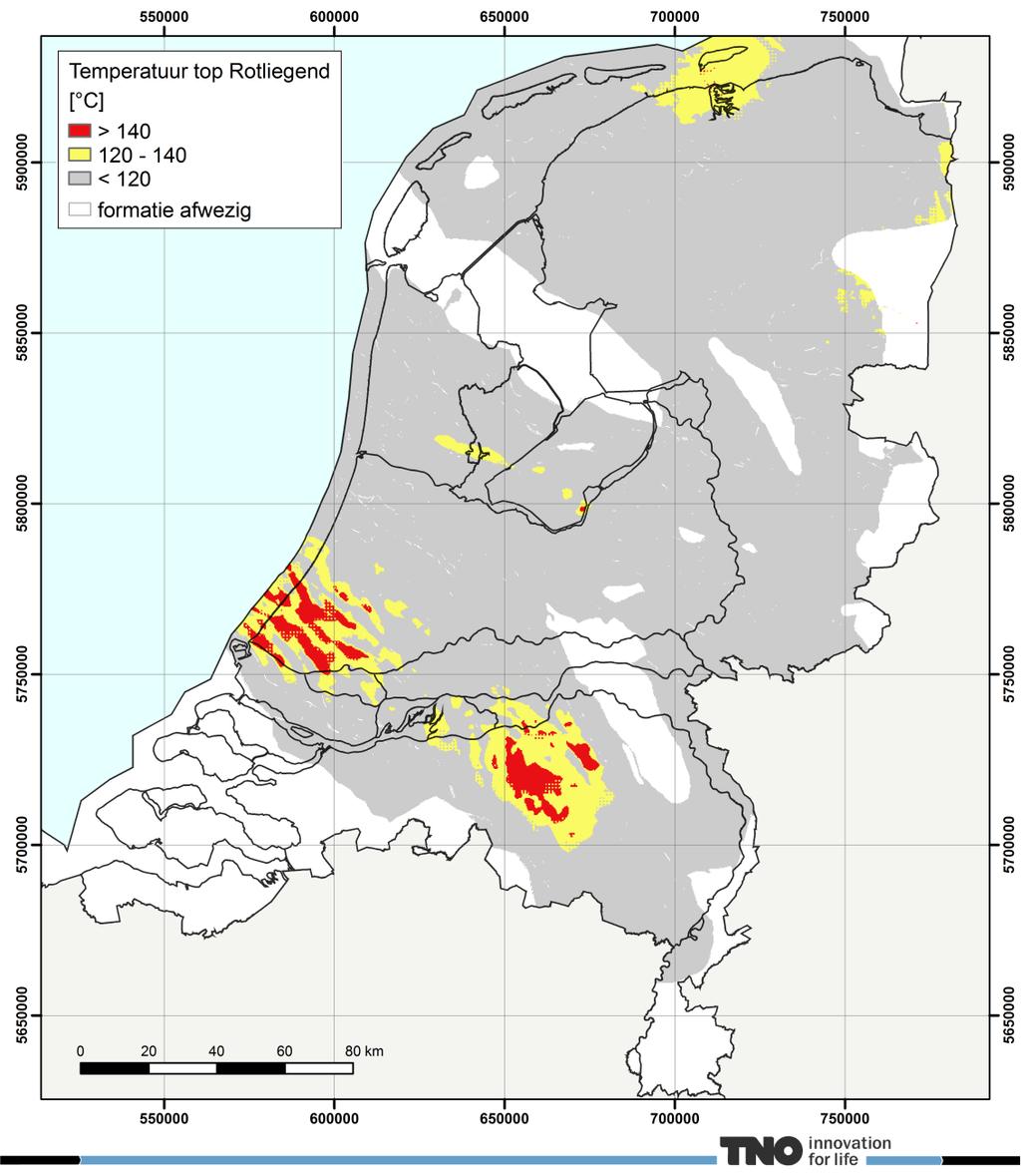 32 / 53 Figuur 4.14 Temperatuur op de diepte van de top van het Rotliegend.