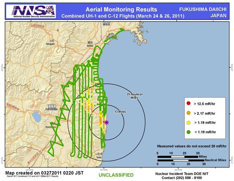 Aerial surveys 24-26 Maart 2011 > 125 μsv/h > 21,7 μsv/h > 11,9 μsv/h < 11,9