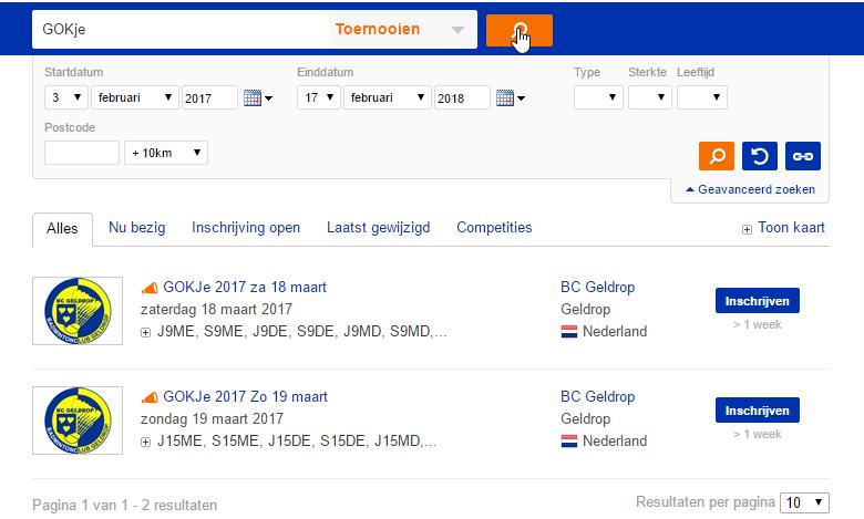 De zoekfunctie filtert nu alle toernooien met de naam GOKje voor u. Selecteer nu het toernooi waaraan u wilt deelnemen. U komt dan meteen op de juiste toernooipagina terecht.