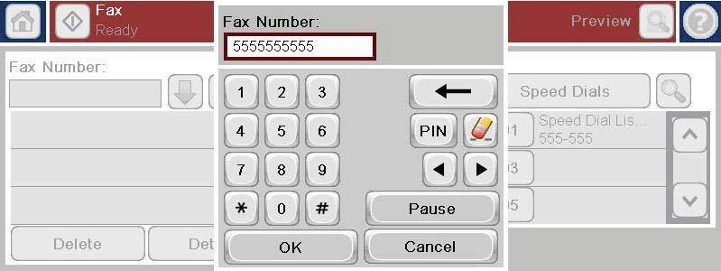 1 Als u Faxnummer aanraakt, wordt er een pop-upvenster weergegeven met de knop PIN-code. Hiermee kunt u speciale tekens tussen vierkante haken ([ ]) toevoegen om een pincode te verbergen.