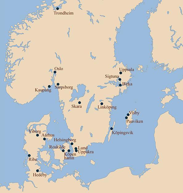 Kaart van Scandinavië met vermelding van de plaatsen die reeds bestonden in het Vikingtijdperk (8e - 11e eeuw).