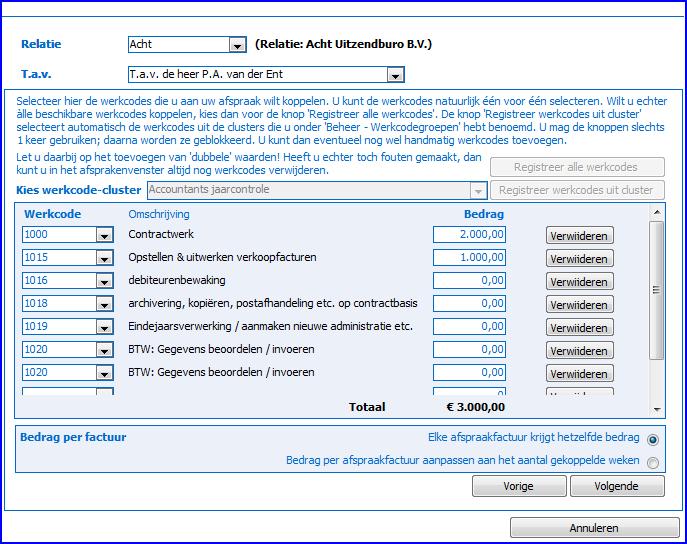 Vul de verdere gegevens in (BTW-code is verplicht!) en klik op Volgende. In het vervolgscherm kunt u de gewenste werkcodes koppelen, alsmede de daarmee verbonden bedragen.