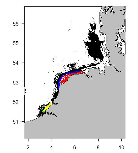 Figuur 8. VMS locaties van de garnalenvloot. Waddenzee (rood), Noordzeekustzone (blauw), Voordelta (geel), Vlakte van de Raan (groen) en buiten de natura2000 gebieden. 2.5.