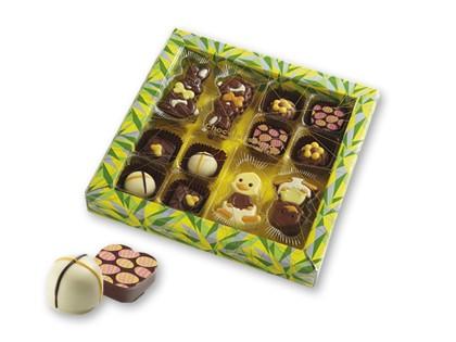Collectie Chocolatissimo Pasen Luxe Paasfiguurtjes en Paas-Pralines in geschenkverpakking Artikel: EP002256 Kwadraatdoos Paasassorti 320 gram Artikel: EP002255
