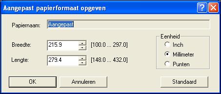 AFDRUKKEN 59 5 Selecteer Aangepast in het menu Documentgrootte en klik op Aangepast. 6 Kies de opties om het aangepaste paginaformaat te definiëren. Breedte: geef de breedte van de afdruktaak op.