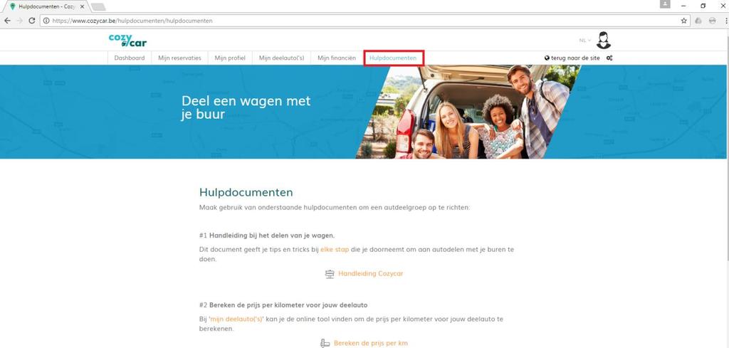 13 2.5 Hulpdocumenten Als je op de tab hulpdocumenten klikt, kom je op een pagina met documenten en andere zaken die je kunnen helpen bij het delen van je auto: Deze pagina is dus voornamelijk