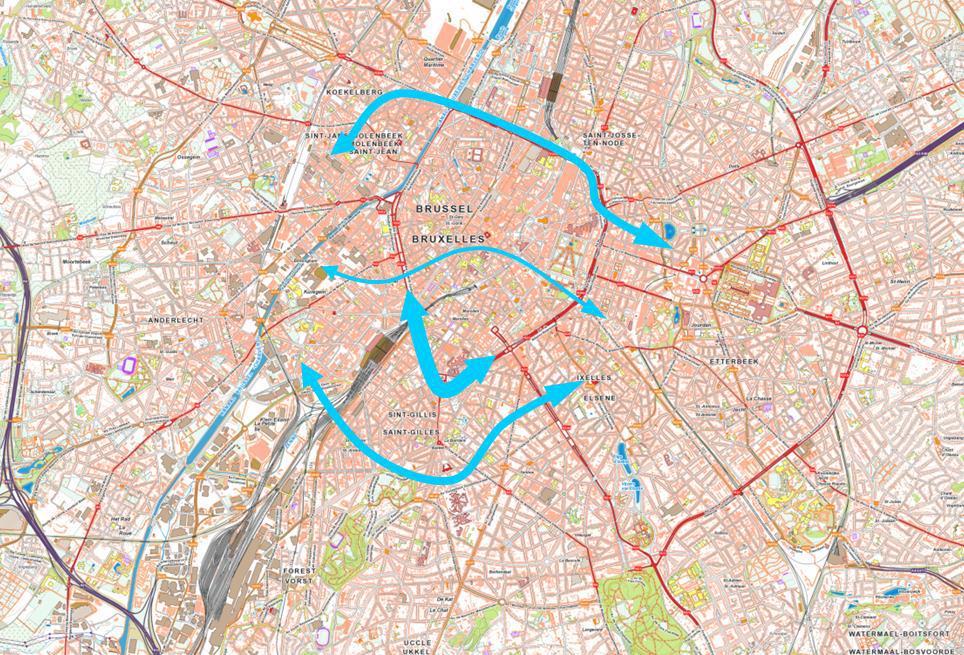 Alternatieve reiswegen : Verkeerborden werfopwaarts Aanbevolen reiswegen Nabije bestemmingen : bovengronds langs de tunnel Verdergelegen bestemmingen : Kleine Ring Noord Verre bestemmingen :