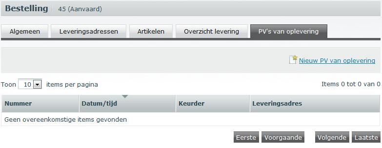 7.2 Een PV van oplevering aanmaken Afbeelding 43: Nieuw PV aanmaken Afbeelding 44: PV van oplevering Kies in het menu links de optie Bestellingen Klik op het nummer van de bestelling waarvoor je een