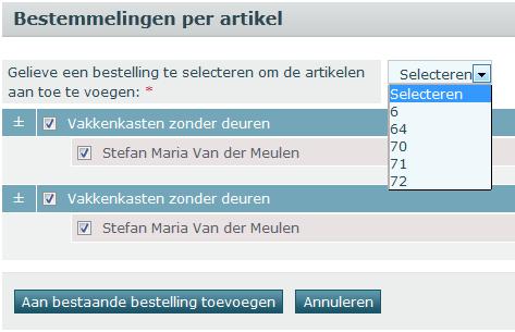 Open je winkelmandje, selecteer de artikelen en dien ze in voor bestelling Open het catalogusmandje van de overeenkomstige catalogus Selecteer de artikelen Klik op Aan bestaande bestelling toevoegen