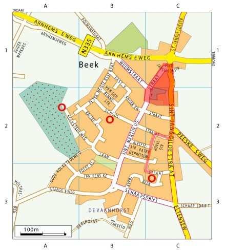 Op de basiskaart van de gemeente Montferland is middels rode vlakken, strepen of cirkels aangegeven welke