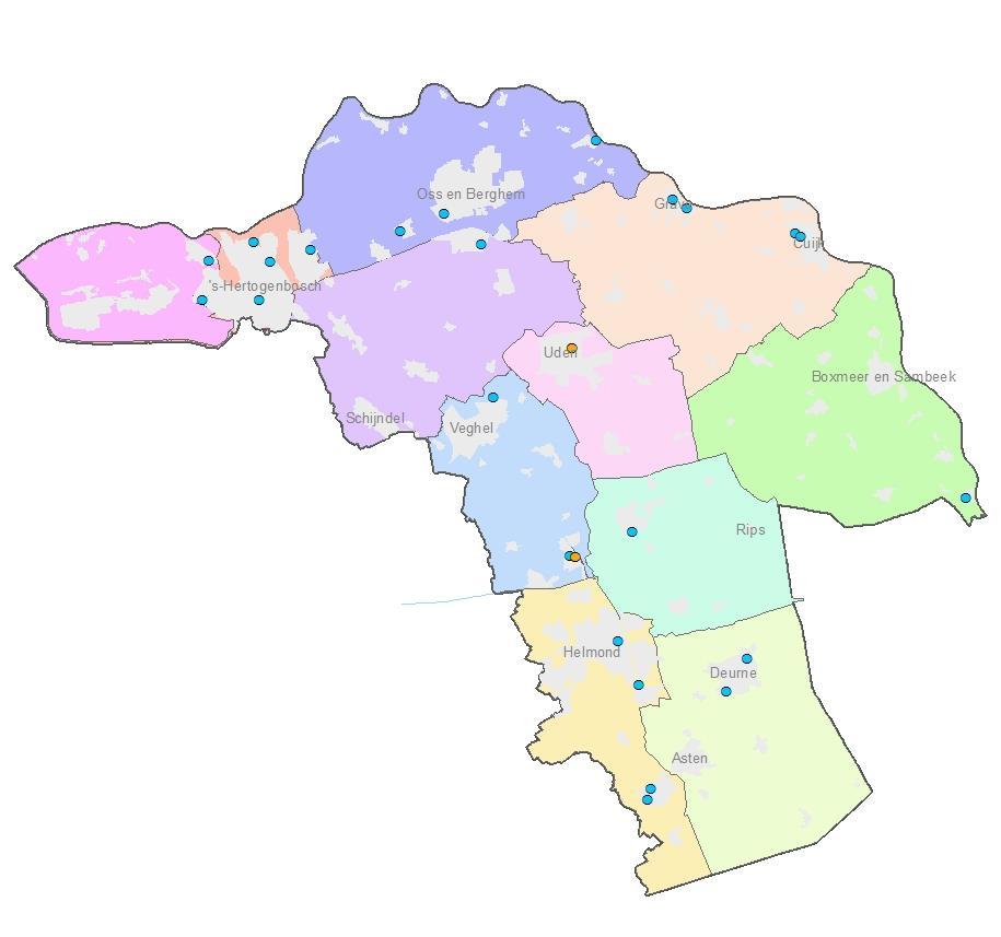 Bijlage 1: Kaart meetlocaties waterkwaliteit bebouwd gebied Verdeling meetlocaties in beheergebied van waterschap Aa en Maas: blauw = 2010 2012 oranje = extra locaties per