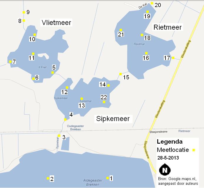 P a g i n a 112 Spreiding in en tussen drie Friese meren Rietmeer, Vlietmeer en het Sipkemeer Op 28 mei zijn de drie meren samen met een medewerker van het Wetterskip Fryslân gemonitord met de WISP.