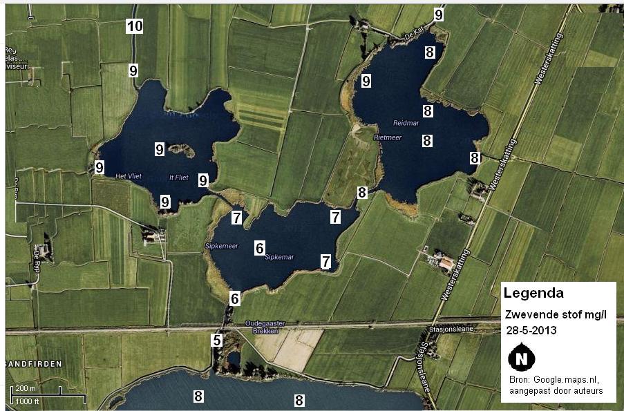 P a g i n a 117 18 Resultaat ruimtelijke variatie in kaart brengen in de drie Friese meren Figuur 38 Kaart waarin de spreiding wordt weergegeven in en tussen de Friese meren Rietmeer, Vlietmeer en