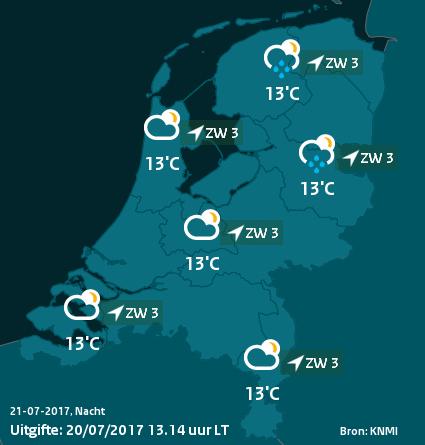 neerslag. De meest actieve buien worden vanmiddag in het oosten van het land verwacht. Later vandaag laat de zon zich vaker zien en neemt de buiigheid af, maximumtemperatuur 22 C tot 26 C.